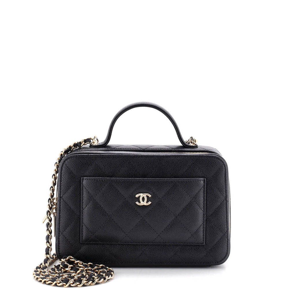 Chanel Small CC Top Handle Front Pocket Vanity Case Quilted Shiny Caviar